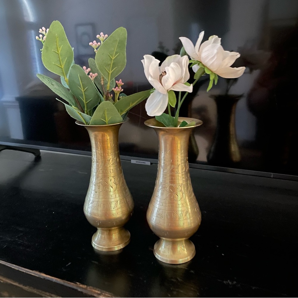 2 Vintage Old Brass Engraved Unique Shape Vase Candleholders